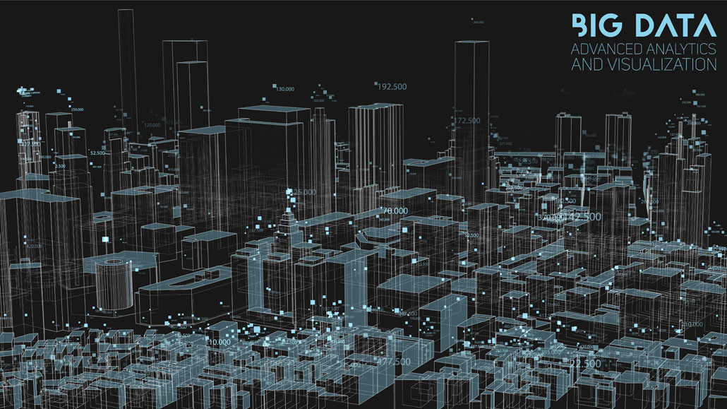 3D Big data in modern city. Abstract social information sorting visualization. Human connections or urban financial structure analysis. Complex geospatial data. Visual information complexity
