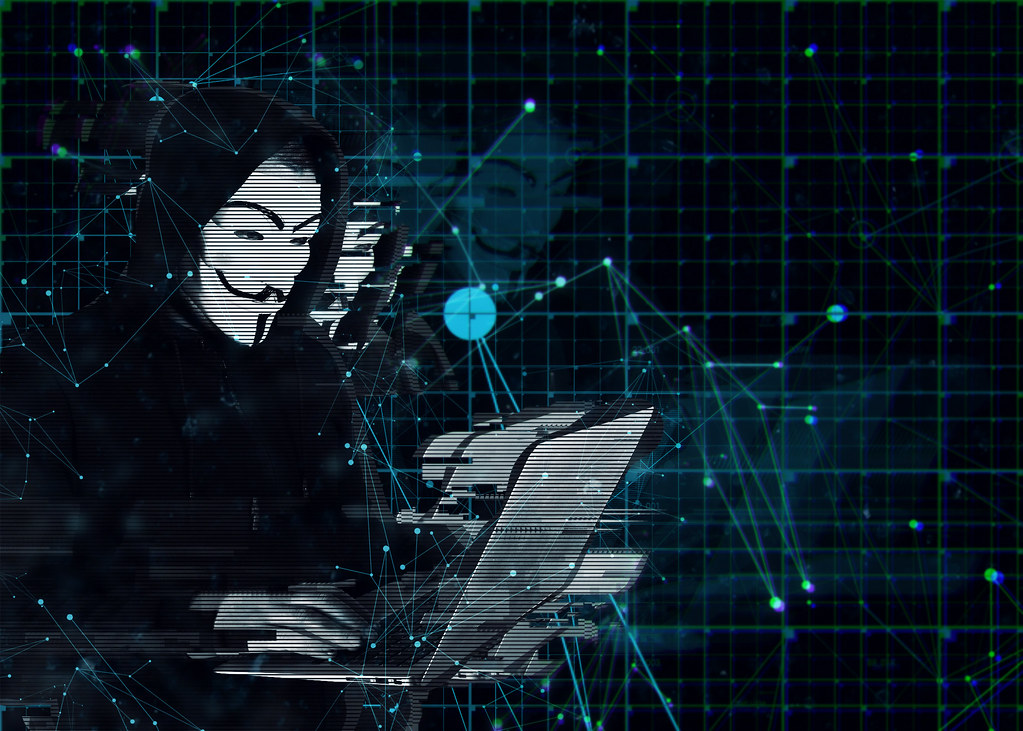 Hacker man terrorist with virus computer attack to server network system online in data internet security hacking ai concept